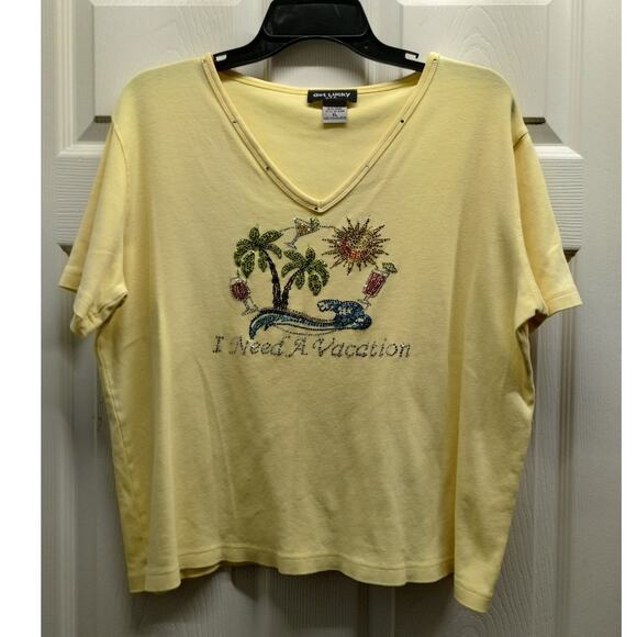 Vintage Get Lucky USA Size XL Yellow V-Neck Beach Embellished Jeweled T-Shirt - Picture 2 of 7